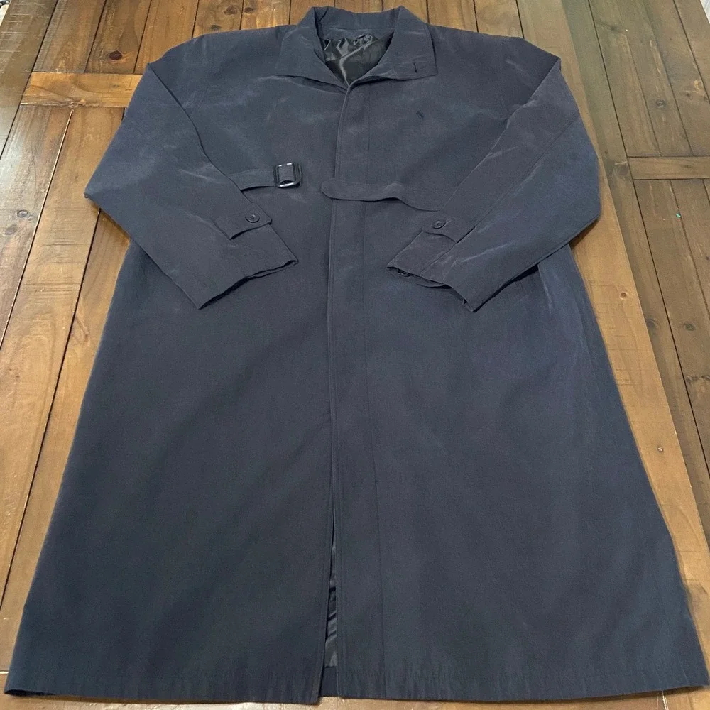 Vintage Polo Ralph Lauren Mens Navy Blue Belted Trench Coat Long Overcoat Jacket
